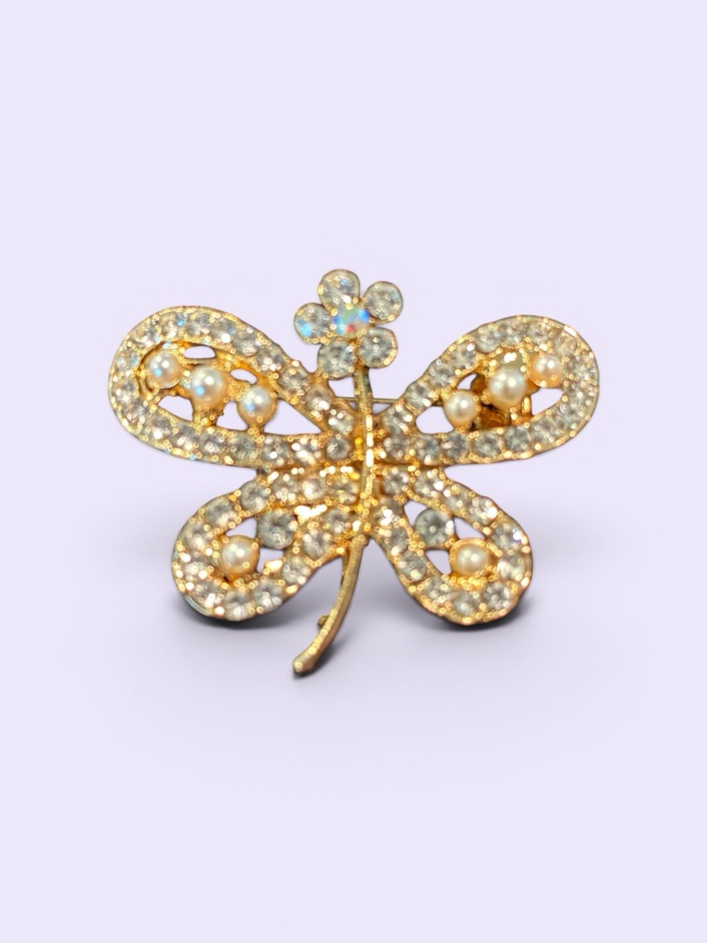 Gold Crystal & Faux Pearl Butterfly Brooch NWOT